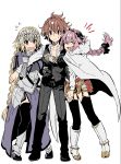  1girl 2boys ^_^ arm_hug astolfo_(fate) blonde_hair blush braid braided_ponytail brown_hair closed_eyes fang fate/apocrypha fate_(series) hair_ornament hair_ribbon highres hug jeanne_d&#039;arc_(fate) jeanne_d&#039;arc_(fate)_(all) kmk long_hair multiple_boys otoko_no_ko pink_hair purple_eyes red_eyes ribbon sieg_(fate/apocrypha) sweatdrop thighhighs waist_hug 