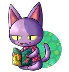  2016 alpha_channel animal_crossing anthro bob_(animal_crossing) bottomless character_name clothed clothing comic_book domestic_cat felid feline felis male mammal nintendo open_mouth open_smile purple_body purple_mouth purple_tongue reading simple_background smile solo tanukky tongue transparent_background video_games yellow_sclera 