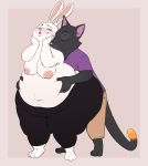  2019 anthro belly belly_grab big_belly big_butt black_body black_fur blush butt clothed clothing domestic_cat duo eyes_closed felid feline felis female fur hi_res hug huge_butt hugging_from_behind kissing_neck lagomorph leporid looking_pleasured male male/female mammal navel neck_kiss overweight overweight_female partially_clothed rabbit romantic_ambiance romantic_couple sambaba topless white_body white_fur 