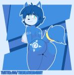  2020 anthro bent_over big_breasts blue_body blue_fur blue_hair breasts butt canid canine female fox fur green_eyes hair hi_res krystal mammal nintendo nipples nude presenting presenting_hindquarters raised_tail smile solo standing star_fox tattoo theheathenbunny video_games 