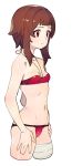  1girl bandaged_leg bandages bangs bare_shoulders bikini blush brown_hair closed_mouth collarbone commentary_request coon cropped_legs groin halterneck happy jpeg_artifacts kono_subarashii_sekai_ni_shukufuku_wo! korean_commentary light_blush long_hair megumin navel red_bikini red_eyes shiny shiny_hair shiny_skin simple_background smile solo standing stomach swimsuit white_background 