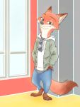  2020 anthro barefoot canid canine cheek_tuft clothed clothing disney eyewear facial_tuft fox fully_clothed green_eyes hands_in_pockets hb_runo hi_res hoodie inner_ear_fluff male mammal nick_wilde pockets red_fox smile solo standing sunglasses topwear tuft zootopia 