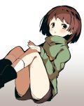  androgynous blush brown_hair chara_(undertale) looking_at_viewer open_mouth oshiruko_(tsume) red_eyes shirt short_hair shorts simple_background solo striped striped_shirt striped_sweater sweater undertale 