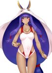  1girl animal_ears breasts closed_mouth dark_skin earrings facial_mark fate/grand_order fate_(series) highres hoop_earrings jackal_ears jewelry long_hair looking_at_viewer marubonman nitocris_(fate/grand_order) nitocris_(swimsuit_assassin)_(fate) one-piece_swimsuit purple_eyes purple_hair simple_background smile solo swimsuit very_long_hair white_background white_swimsuit 