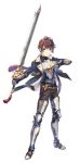  1boy armor belt black_pants blue_eyes brown_hair gauntlets greaves h2so4 highres holding holding_sword holding_weapon male_focus original pants simple_background solo standing sword tachi-e weapon 