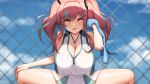  1girl absurdres azur_lane bangs bare_shoulders blue_towel blurry blurry_background bow breasts bremerton_(azur_lane) bremerton_(scorching-hot_training)_(azur_lane) chain-link_fence cleavage collared_shirt commentary cowboy_shot crop_top depth_of_field eyelashes fence greem_bang grey_hair hair_between_eyes hair_bow hair_ornament hairclip heart heart_necklace highres huge_breasts large_breasts long_hair looking_at_viewer mole mole_under_eye motion_lines multicolored_hair nail_polish open_mouth outdoors pink_eyes pink_hair pink_nails see-through shirt sleeveless sleeveless_shirt spread_legs streaked_hair sunlight towel twintails two-tone_hair two-tone_shirt two-tone_skirt underwear x_hair_ornament 