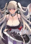  1girl azur_lane bangs bare_shoulders between_breasts black_dress breasts cleavage collarbone dress earrings formidable_(azur_lane) frilled_dress frills grey_hair hair_ribbon jewelry large_breasts long_hair looking_at_viewer open_mouth pantyhose pupps red_eyes ribbon solo twintails two-tone_dress two-tone_ribbon very_long_hair white_legwear 