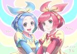  2girls :d blue_hair bow hair_bow hojo_kita looking_at_viewer minun multiple_girls open_mouth personification plusle pokemon red_hair short_hair simple_background smile standing upper_body 