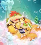  2020 absurd_res anthro bathing bathroom bathtub belly blush bowser bowser_jr. bubble bubble_bath chain_chomp cleaning cute_fangs detailed_background duo father father_and_child father_and_son hi_res humanoid_hands kemono koopa lates mario_bros nintendo parent parent_and_child reptile scalie sitting son suds teeth tile tile_wall video_games water 