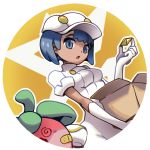  1girl :o aether_foundation_employee aether_foundation_uniform bandaid baseball_cap blue_eyes blue_hair box commentary creature dark_skin dress english_commentary gen_7_pokemon hat holding looking_at_viewer pinkgermy pokemon pokemon_(creature) revive_(pokemon) round_image short_hair sleeves_rolled_up uniform white_dress white_headwear 