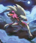  claws cloud cloudy_sky commentary creature dark english_commentary fog full_body full_moon gen_7_pokemon grass lycanroc lycanroc_(midnight) moon night night_sky no_humans outdoors pinkgermy pokemon pokemon_(creature) red_eyes sharp_teeth sky solo standing star_(sky) starry_sky teeth 