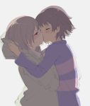  2others androgynous blush brown_hair chara_(undertale) closed_eyes frisk_(undertale) hood hoodie kiss multiple_others oshiruko_(tsume) shirt short_hair simple_background sketch striped striped_shirt striped_sweater sweater underswap undertale 