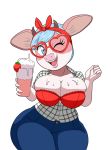  2020 5_fingers anthro beverage big_breasts blue_eyes blue_hair bottomwear bovid bovine bra breasts cattle cleavage clothed clothing digital_media_(artwork) eyewear female fingers glasses hair hi_res holding_object horn jeans looking_at_viewer mammal milkshake one_eye_closed open_mouth open_smile pants shirt simple_background smile solo tansau topwear underwear white_background wink 
