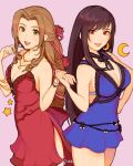  2girls aerith_gainsborough blue_dress bra_strap breasts brown_eyes cleavage crescent crescent_earrings dress earrings final_fantasy final_fantasy_vii final_fantasy_vii_remake green_eyes hair_ribbon highres holding_hands jewelry jivke long_hair looking_at_viewer multiple_girls necktie open_mouth parted_lips red_dress ribbon side_slit smile star!! strapless strapless_dress tifa_lockhart 