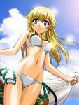  1girl anzio_(emblem) ass_visible_through_thighs bangs beach_towel bikini blonde_hair blue_sky breasts carpaccio_(girls_und_panzer) closed_mouth cloud cloudy_sky commentary_request dutch_angle emblem eyebrows_visible_through_hair frilled_bikini frills girls_und_panzer green_eyes holding holding_towel lens_flare long_hair looking_at_viewer medium_breasts navel oosaka_kanagawa outdoors side-tie_bikini sky smile solo standing swimsuit towel white_bikini wind 