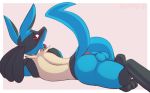  anthro anus balls big_butt blue_body blue_fur blush butt dripponi fur genitals hi_res looking_at_viewer looking_back lucario male nintendo nude pok&eacute;mon pok&eacute;mon_(species) solo tongue tongue_out video_games 