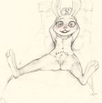  anthro bdsm bed blush body_writing bondage bound breasts chest_tuft disney female fuchs fur furniture genitals judy_hopps lagomorph leporid looking_at_viewer mammal navel nipples nude on_bed pussy rabbit reclining solo tuft zootopia 