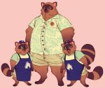  2020 animal_crossing anthro apron belly blue_eyes bottomwear canid canine clothing group hat headgear headwear hi_res male mammal nintendo overweight overweight_male raccoon_dog shirt shorts simple_background tanuki timmy_nook tom_nook_(animal_crossing) tommy_nook topwear video_games young zotaita 