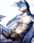  2020 abs alternate_version_at_source anthro black_bottomwear black_clothing black_nose black_shorts blue_body blue_eyes blue_fur bottomwear bulge canid canine canis cheek_tuft claws clothed clothing facial_tuft fangs finger_claws fur head_tuft hi_res inner_ear_fluff ivan-jhang kemono lying male mammal on_back pawpads shaded shadow shorts simple_background solo topless tuft white_background white_body white_claws white_fur wolf 