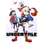  1other =_= androgynous brown_hair closed_eyes ejami english_text frisk_(undertale) open_mouth papyrus_(undertale) sans shirt short_hair shorts simple_background skeleton smile striped striped_shirt striped_sweater sweater undertale 