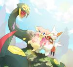  audino blue_eyes blue_sky claws cloud cloudy_sky commentary day english_commentary fangs gen_3_pokemon gen_5_pokemon grass highres looking_at_another mountain open_mouth outdoors pinkgermy pokemon protecting red_eyes seviper sky snake standing standing_on_one_leg tongue tongue_out zangoose 