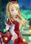  1girl :d blonde_hair blurry blurry_background blurry_foreground bow brown_eyes dress eromanga_sensei eyebrows_visible_through_hair floating_hair hair_bow hairband hand_holding highres long_hair long_sleeves looking_at_viewer muwa12 night open_mouth outdoors pointy_ears red_bow red_dress red_hairband short_over_long_sleeves short_sleeves smile standing yamada_elf 
