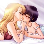  artist_request blonde_hair bob_cut breasts closed_eyes couple kiss lingerie long_hair mireille_bouquet multiple_girls noir purple_hair short_hair small_breasts underwear yuri yuumura_kirika 