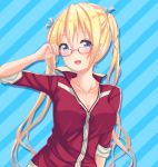  1girl :d adjusting_eyewear blend_s blonde_hair blue_background blue_eyes blush breasts cleavage collarbone eyebrows_visible_through_hair glasses hair_between_eyes hair_ribbon hinata_kaho jacket long_hair looking_at_viewer medium_breasts nail_polish open_mouth oz-da-yon red-framed_eyewear red_jacket red_nails ribbon shiny shiny_hair smile solo striped striped_background striped_ribbon twintails upper_body very_long_hair 