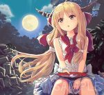  1girl alcohol bangs bare_shoulders blonde_hair blue_skirt blush cloud commentary_request culter cup eyebrows_visible_through_hair feet_out_of_frame full_moon holding holding_cup horns ibuki_suika long_hair low-tied_long_hair moon night night_sky oni oni_horns outdoors parted_lips sakazuki sake sample shirt sitting skirt sky sleeveless sleeveless_shirt solo touhou very_long_hair watermark white_shirt yellow_eyes 