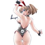  1girl animal_ears ass blue_eyes breasts brown_hair bunny_ears bunny_tail bunnysuit commentary_request cowboy_shot detached_collar from_behind grey_leotard intrepid_(kantai_collection) kantai_collection large_breasts leotard long_hair looking_back one-piece_thong pantyhose ponytail simple_background smile solo strapless strapless_leotard tail uzuki_kosuke white_background wrist_cuffs 