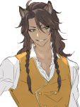  1boy animal_ears bangs braid brown_hair dark_skin fangs green_eyes highres leona_kingscholar lion_ears long_hair male_focus simple_background smile tofu_(bean359) twisted_wonderland 