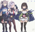  3girls :3 :d :o absurdres azur_lane black_gloves black_hair black_legwear black_ribbon blue_eyes closed_eyes clothes_writing cooper_(azur_lane) diadem eicam gloves grey_background grey_hair hachimaki hair_ribbon hand_on_hip headband highres intrepid_(azur_lane) leaning_forward long_hair metal_gloves multiple_girls necktie open_mouth pink_eyes pleated_skirt red_neckwear reno_(azur_lane) ribbon short_hair signature skirt smile standing thighhighs two_side_up zettai_ryouiki 