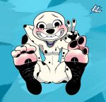  101_dalmatian_street 101_dalmatians 3_toes blush canid canine canis dalmatian disney dolly_(101_dalmatians) domestic_dog featureless_crotch female foot_fetish gesture lazzylad looking_at_viewer mammal paws smile solo toes v_sign 