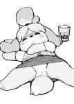  alcohol animal_crossing anthro beverage blush blush_stickers bottomwear canid canine canis clothed clothing cup domestic_dog drunk eyes_closed female isabelle_(animal_crossing) lying mammal monochrome nintendo on_back panties ponsuke skirt solo substance_intoxication topknot unconscious underwear upskirt video_games 