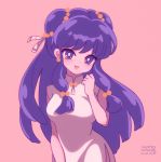  1980s_(style) 1girl 2020 beads china_dress chinese_clothes clenched_hand dated double_bun dress eyebrows_visible_through_hair floating_hair hair_beads hair_ornament mahosame oldschool pink_background purple_eyes purple_hair ranma_1/2 shampoo_(ranma_1/2) white_dress 