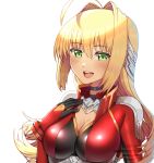  1girl ahoge artist_request bangs blonde_hair blush bodysuit breasts choker cleavage collar commission fate/extra fate/grand_order fate_(series) gloves green_eyes hand_on_own_chest headpiece highres large_breasts long_hair looking_at_viewer metal_collar nero_claudius_(fate) nero_claudius_(fate)_(all) open_mouth red_bodysuit simple_background smile solo underbust white_background 