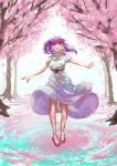  1girl :d black_ribbon cherry_blossoms dress fate/stay_night fate_(series) floating_hair full_body highres long_dress long_hair looking_at_viewer matou_sakura open_mouth outstretched_arms purple_eyes purple_hair rei_no_himo ribbon short_sleeves smile solo sundress tsugu0302 white_background white_dress 