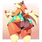  1:1 2020 absurd_res animal_crossing anthro audie_(animal_crossing) beverage big_breasts big_butt blonde_hair blue_eyes blush bodily_fluids breasts butt butt_focus canid canine canis clothed clothing curvy_figure dress eyewear female fur green_eyes hair hi_res holding_glass holding_object huge_butt looking_back low-angle_view mammal nintendo orange_body orange_fur orange_juice rear_view smile solo standing sunglasses sweat thick_thighs trinity-fate62 video_games voluptuous wolf 