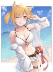  1girl ;) ;q ahoge animal_ear_fluff animal_ears arknights bangs bare_shoulders beach bikini bikini_skirt blonde_hair blue_sky blush breasts cloud collarbone commentary_request cowboy_shot day eyebrows_visible_through_hair futasan hand_up highres large_breasts long_sleeves looking_at_viewer microskirt navel ocean off_shoulder one_eye_closed open_clothes open_shirt outdoors shirt short_hair skirt sky smile solo sora_(arknights) standing stomach swimsuit thigh_strap thighs tongue tongue_out twintails v water white_bikini white_shirt white_skirt wolf_ears yellow_eyes 