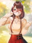  1girl bangs bare_shoulders blurry blush breasts brown_eyes brown_hair buckle collarbone day depth_of_field dog_tags eyebrows_visible_through_hair eyes_visible_through_hair fingernails glasses grin hair_over_one_eye hair_over_shoulder hands_up high-waist_skirt highres koikeya long_hair looking_at_viewer looking_over_eyewear medium_breasts original outdoors parted_bangs pleated_skirt red-framed_eyewear red_skirt skirt sleeves_past_wrists smile solo standing strapless twintails upper_body 