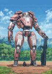  1boy absurdres chaboex commentary day full_body gun helmet highres mecha original outdoors picnic pilot_suit science_fiction sitting sky standing weapon 