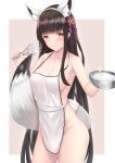  1girl akagi_(warship_girls_r) animal_ear_fluff animal_ears apron bangs bare_shoulders black_hair black_tail blush breasts brown_hair cleavage collarbone commentary_request cream cream_on_body eyebrows_visible_through_hair fake_animal_ears filings_(ailuo_c) flower fox_ears hair_ornament highres holding japanese_clothes large_breasts long_hair looking_at_viewer naked_apron pink_background simple_background smile solo tail two-tone_background two-tone_fur warship_girls_r white_background white_tail 