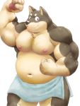  2020 anthro belly brown_body brown_fur canid canine canis domestic_dog fur humanoid_hands kemono male mammal meg_hoi moobs navel nipples overweight overweight_male simple_background solo towel white_background 