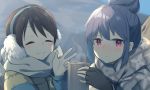  2girls black_hair blue_hair blush closed_eyes commentary cup dotnot earmuffs fingerless_gloves gloves holding holding_cup jacket jitome multiple_girls outdoors purple_eyes saitou_ena scarf shima_rin short_hair steam w winter_clothes yurucamp 