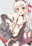  1girl amatsukaze_(kantai_collection) anniversary bare_shoulders blush brown_eyes covered_nipples dress fang flat_chest garter_straps gloves hair_tubes kantai_collection long_hair looking_at_viewer navel open_mouth red_legwear rensouhou-kun sailor_dress short_dress silver_hair single_glove solo striped striped_legwear tatami_to_hinoki thighhighs two_side_up unbuttoned white_gloves 
