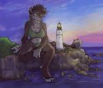  anthro bottomwear bra breasts brown_body brown_fur brown_hair chest_tuft cliff clothing eris felid female fur gentle_giant green_clothing hair leopard lighthouse long_tail macro mammal night_mint outside pantherine paws sea sitting solo spots sunset topwear tuft underwear water 