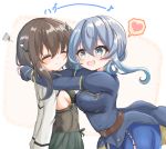  2girls :d asymmetrical_docking belt blue_hair blush breast_press breasts brown_hair closed_eyes eyebrows_visible_through_hair facing_another gotland_(kantai_collection) hair_between_eyes hair_bun headgear heart hug kantai_collection kasashi_(kasasi008) long_hair looking_at_another mole mole_under_eye multiple_girls open_mouth pleated_skirt remodel_(kantai_collection) short_hair sideboob simple_background skirt small_breasts smile spoken_heart taihou_(kantai_collection) upper_body white_background 