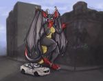  anthro black_body breasts building car city claws crush destruction digitigrade dragon female horn macro multicolored_body night_mint paws scales solo stomping surprise thick_thighs toe_claws vehicle wings 