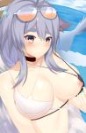  1girl animal_ears artist_request aviator_sunglasses azur_lane bikini black_choker blue_hair blush bra bra_pull breasts choker cleavage cloud criss-cross_halter fluffy halterneck highres large_breasts long_hair medium_breasts nipples pulled_by_self solo sunglasses swimsuit tosa_(azur_lane) tosa_(hometown_zest)_(azur_lane) two-tone_bikini underwear water 