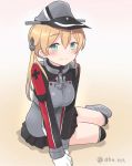  1girl ahenn aqua_eyes black_legwear black_skirt blonde_hair blush breasts eyebrows_visible_through_hair gloves hair_between_eyes hat kantai_collection long_hair long_sleeves low_twintails medium_breasts military military_uniform peaked_cap pleated_skirt prinz_eugen_(kantai_collection) sitting skirt smile solo thighhighs twintails twitter_username uniform white_gloves yokozuwari 